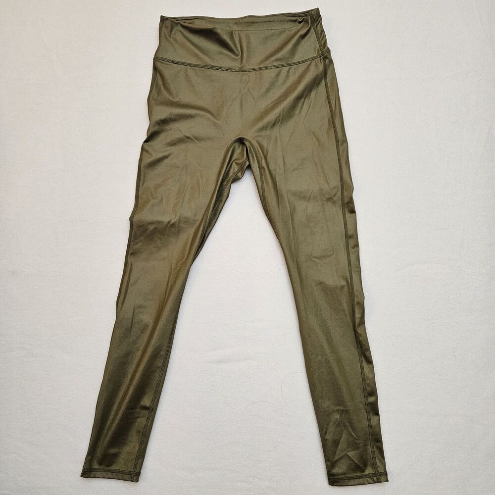 Fabletics Sz M Motion365+ Dark Moss Shine Metallic Gold High Rise Ankle Leggings